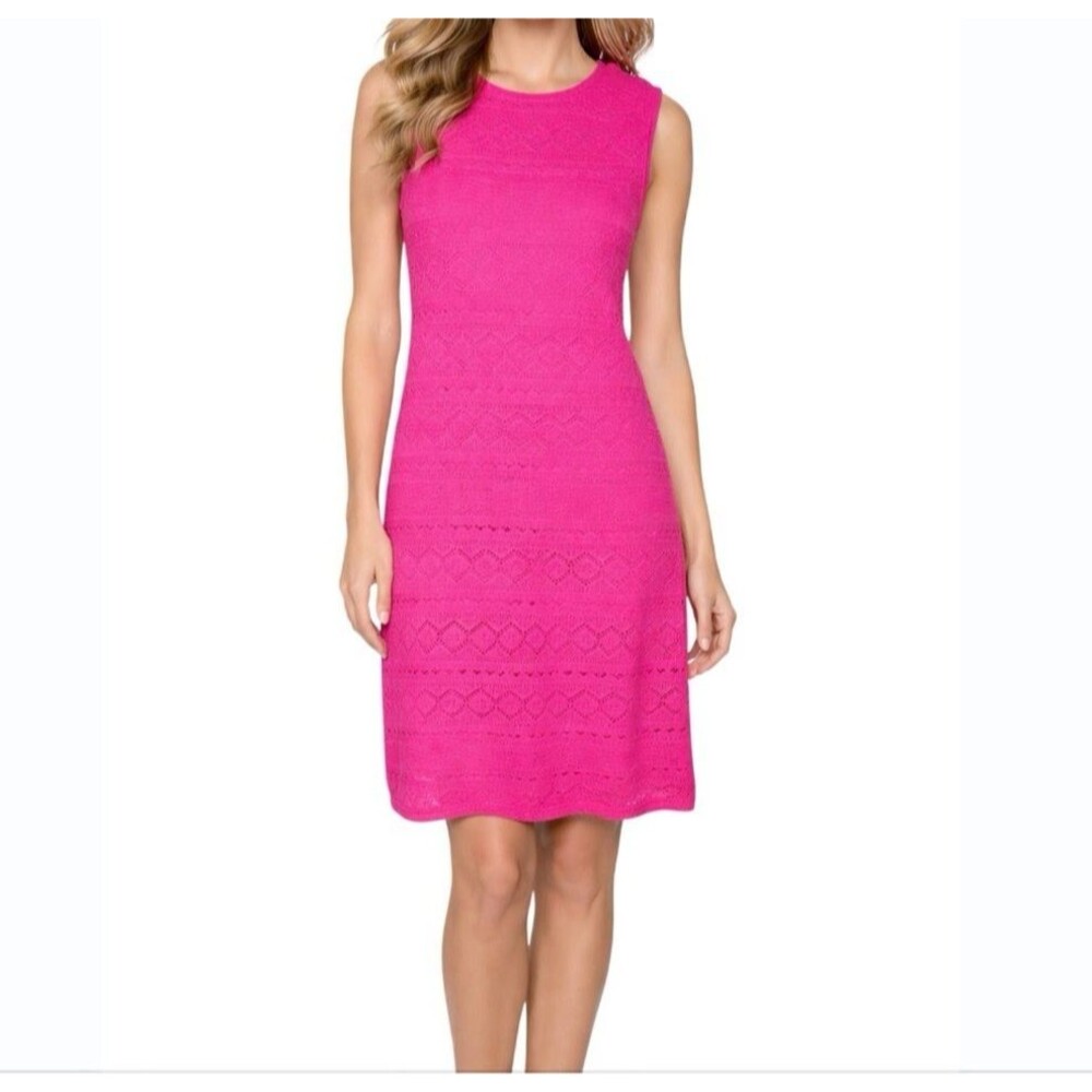 Eliza J Women's Dress Shift Crochet Knit Hot Pink Cotton Preppy Boho Medium